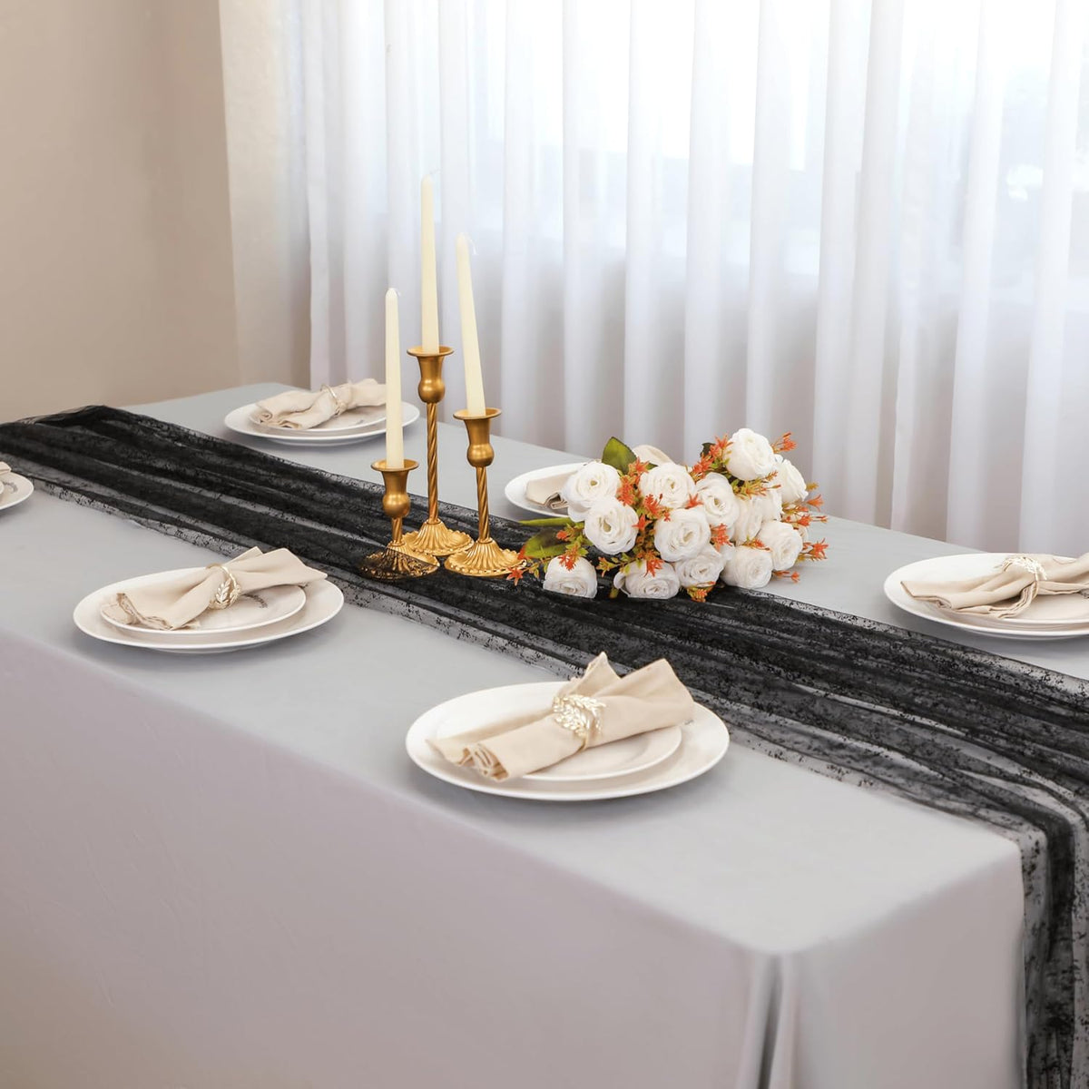 Snowkingdom Black Table Runner, 10FT Sheer Tulle Cheesecloth Gauze Metallic Mesh Foil Table Decoration for Halloween, Party, and Christmas
