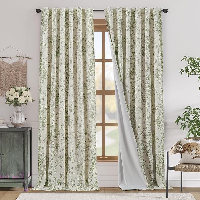 jinchan Green Floral Linen Curtains Lined 96 Inch Vintage Back Tab 2 Panels | by JINCHAN