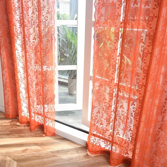 Burnt Orange Floral Lace Curtains - Image 4