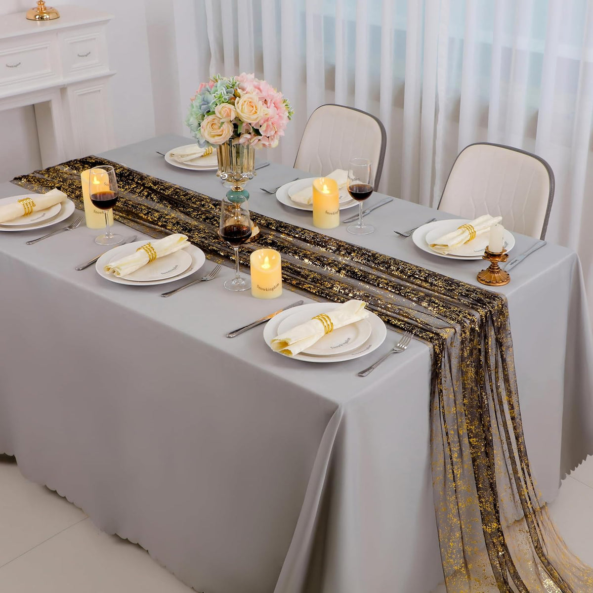 Snowkingdom Black and Gold Cheesecloth Table Runner 10 FT, Sheer Chiffon Sparkle Gauze Mesh Runners 120 Inch, Glitter Table Centerpieces Decoration for Birthday Party Wedding Christmas Halloween