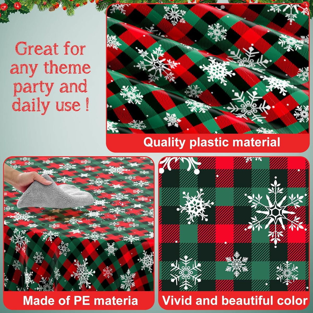 Jectivs 3Pcs Christmas Buffalo Plaid Snowflake Party Tablecloths Decorations,Plastic Red and Green Checkered Round Table Cover for Winter Christmas New Year Birthday Holiday Party Decorations,84 inch