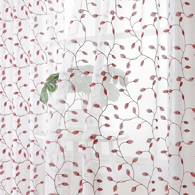 Tollpiz Leaves Short Sheer Curtain Burgundy Red Leaf Embroidery Bedroom - Image 2