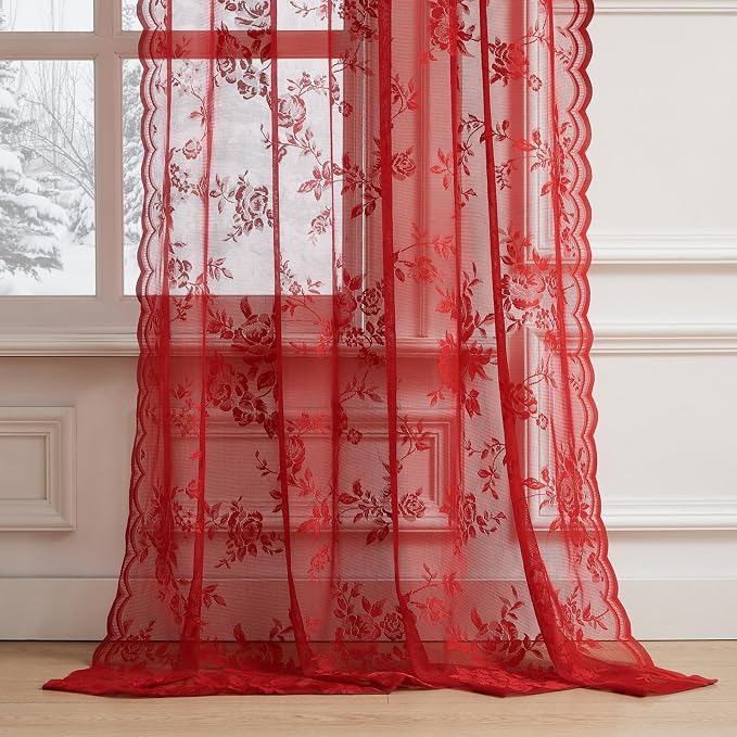 Red Lace Curtains 63 Inch Length 2 Panels Set - Image 5