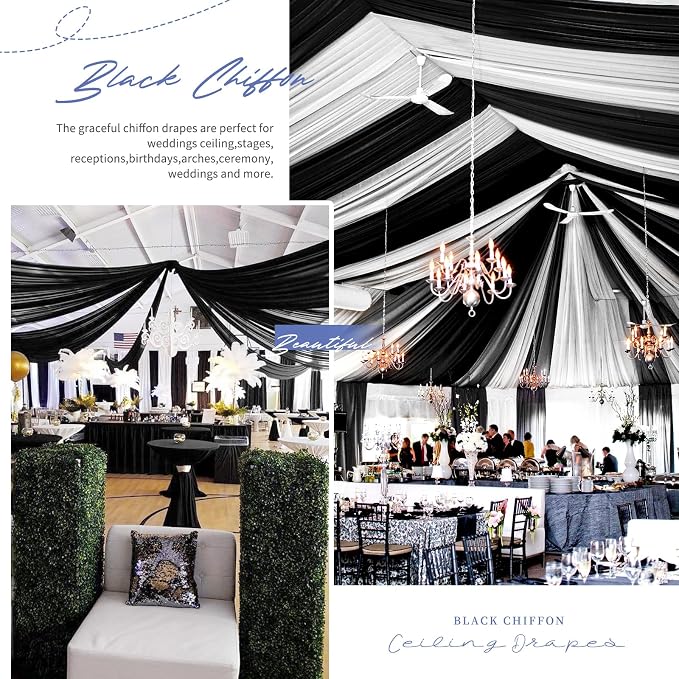 6 Panel Black Wedding Drapes - 5ft x 30ft Sheer Voile Chiffon Curtains - Image 6