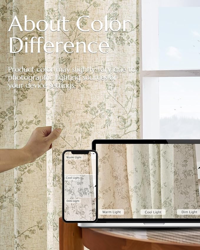 jinchan Green Floral Linen Curtains 84 Inch Farmhouse Back Tab 2 Panels | - Image 7