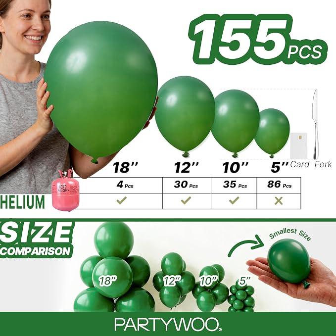 PartyWoo Dark Green Balloons 155pcs Emerald Hunter Forest Green Color | - Image 6