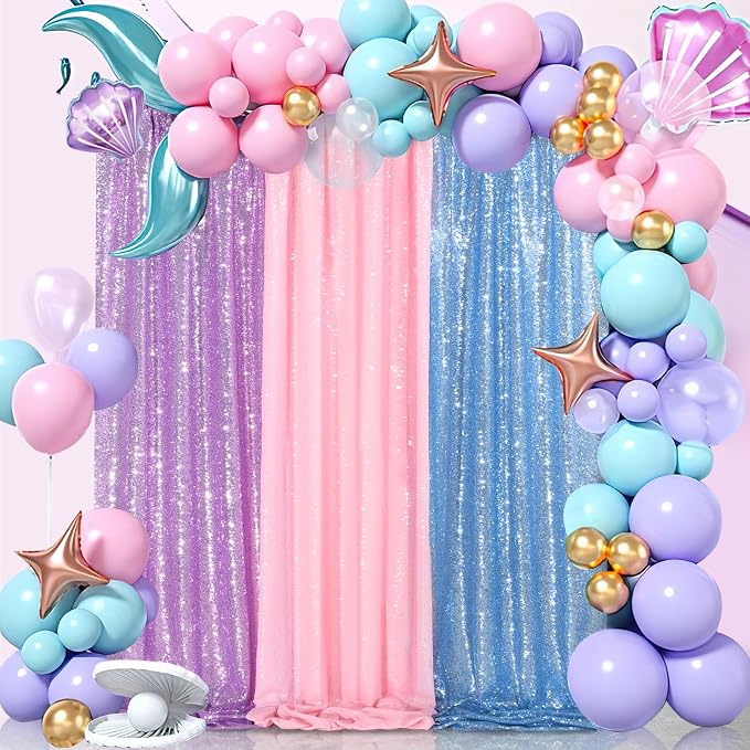 Baby Blue Christmas Backdrop Curtains 4 Pieces 2FTx8FT Sequin Photo Pooth | - Image 2