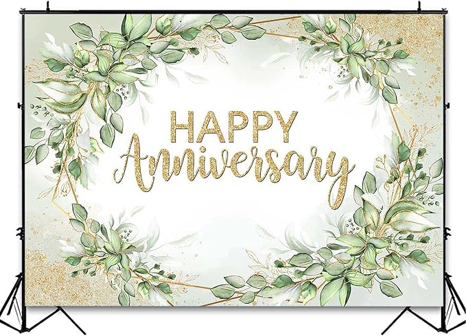 Happy Anniversary Backdrop Sage Green Leaves Anniversary Banner Wedding Party - Image 3