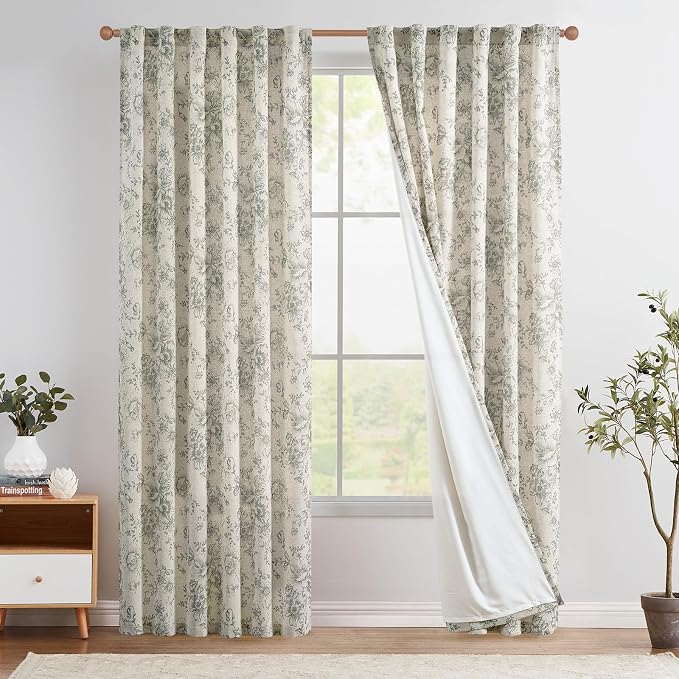 jinchan Floral Linen Curtains Lined 108 Inch Farmhouse Back Tab 2 Panels | by JINCHAN