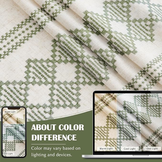 jinchan Floral Linen Curtains Embroidered Back Tab 50x63in 2 Panels Green | - Image 8