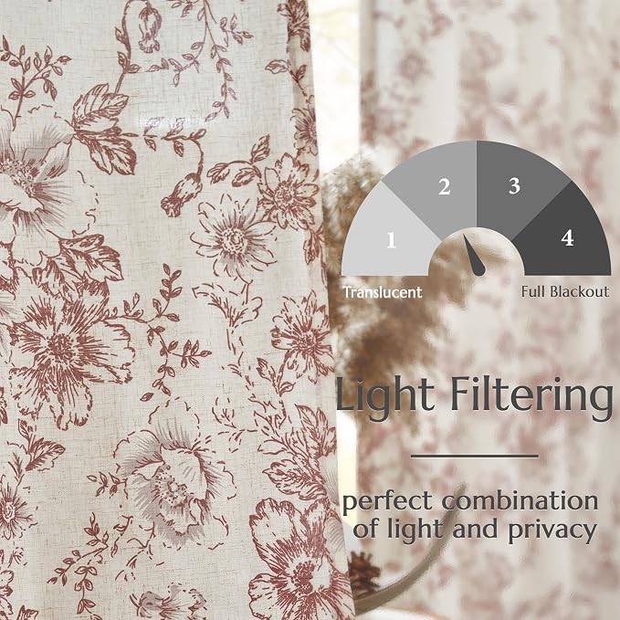 jinchan Red Floral Linen Curtains 54 Inch Vintage Back Tab 2 Panels | Light - Image 4