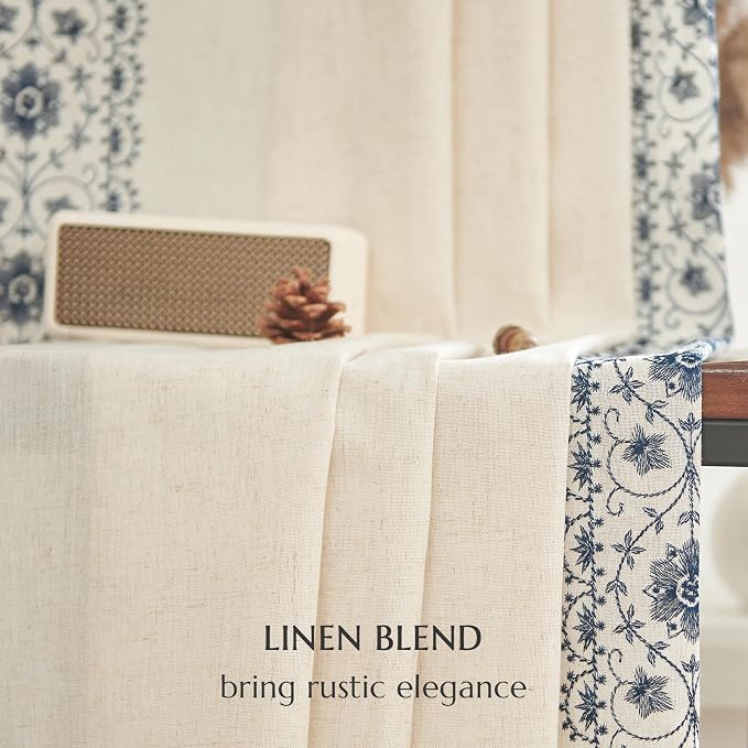 jinchan Floral Linen Curtains Embroidered Back Tab 50x96in 2 Panels Blue | - Image 9