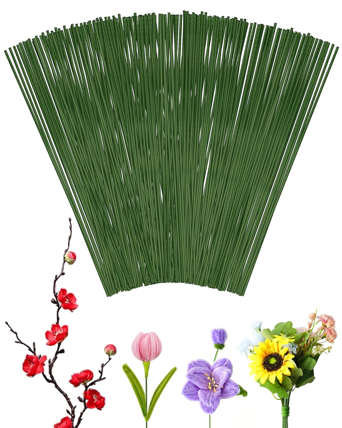 100 PCS FIVEIZERO 18 Gauge Green Floral Wire Stems for Artificial Flower Making,Florist Wire,Flower Wires for Crafts,Alambre para Flores for Wreaths, Flower Arrangements and DIY Projects