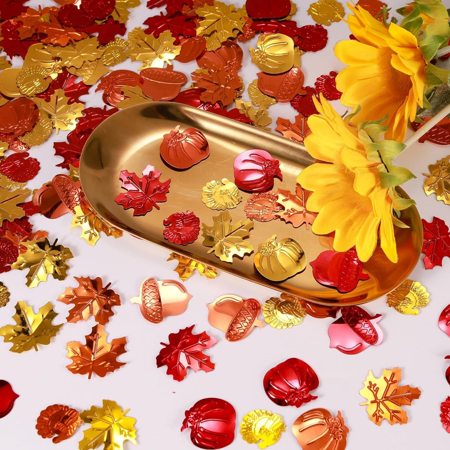 200 Pieces Fall Confetti, Thanksgiving Maple Leaves, Turkey, Pumpkin, Acorn Sprinkles Foil Metallic Table Scatter Confetti for Fall Party