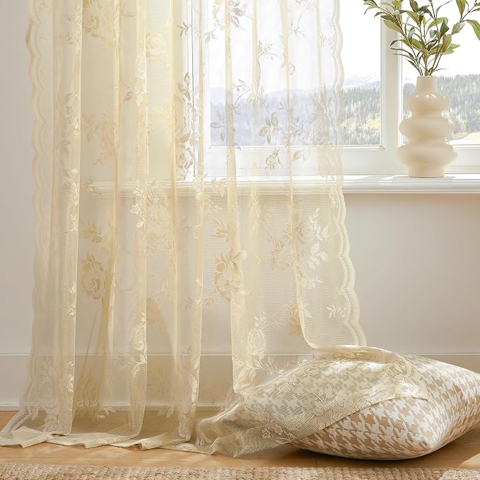 Beige Lace Curtains 72 Inch Length Victorian Floral Sheer Curtains - Image 4