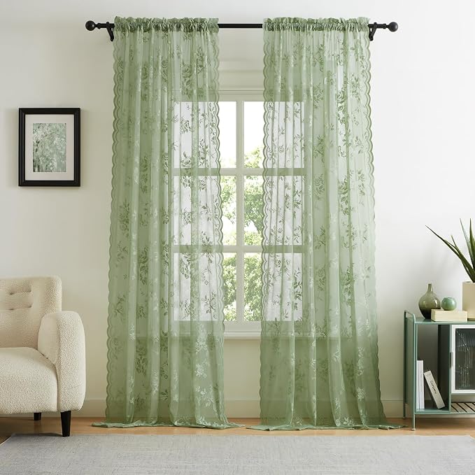 Sage Green Lace Curtains 102 Inches Long Spring Country Floral Sheer Curtains by SEEKRIGHTHomeDecor