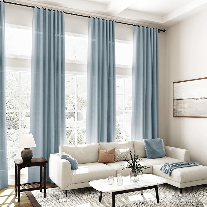 Light Blue Linen Curtains 102 Inches Long Rod Pocket Back Tab Drapes 2 Panels - Image 7