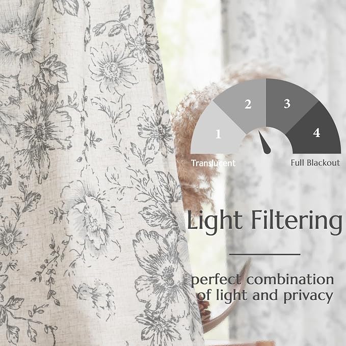 jinchan Grey Floral Linen Curtains 45 Inch Vintage Back Tab 2 Panels | Light - Image 4