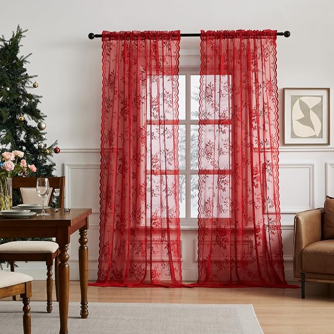 Red Lace Curtains 96 Inches Long 2 Panels Christmas Romantic Flower Sheer - Image 2