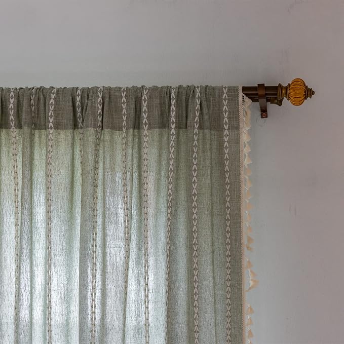 RoomTalks Green Boho Farmhouse Kitchen Curtains 45 Inch Length French Striped - Image 7