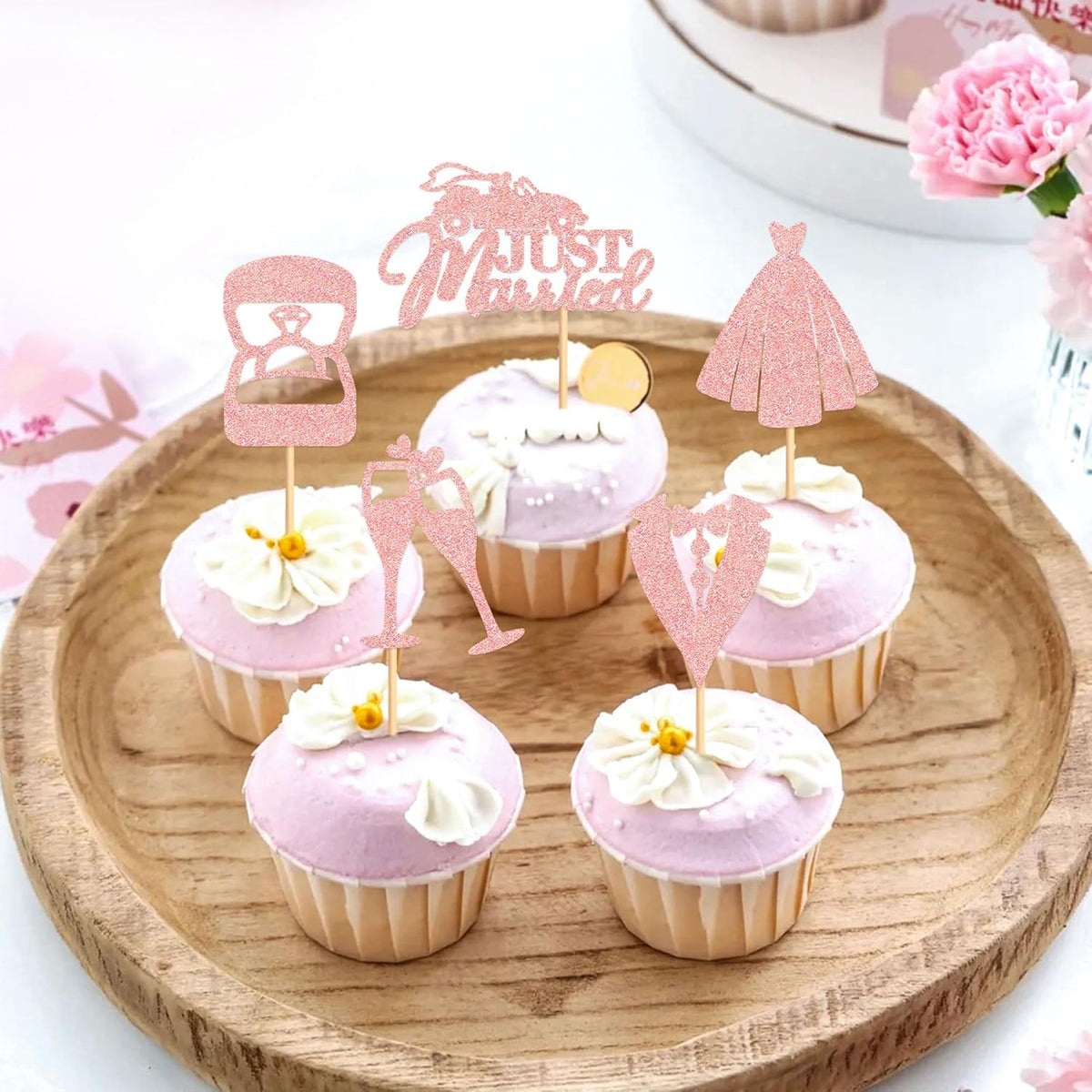 25 Pcs Bride and Groom Cupcake Toppers Wedding Dress Diamond Ring Cupcake Picks Bridal Shower Wedding Engagement Anniversary Party Cake Decorations Supplies Rose Gold