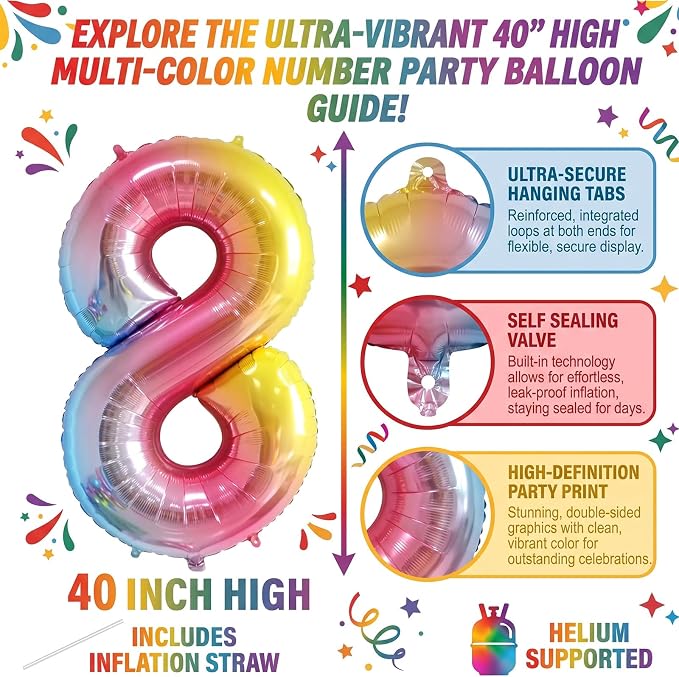 40" Rainbow Foil Number 8 Balloon - Image 2