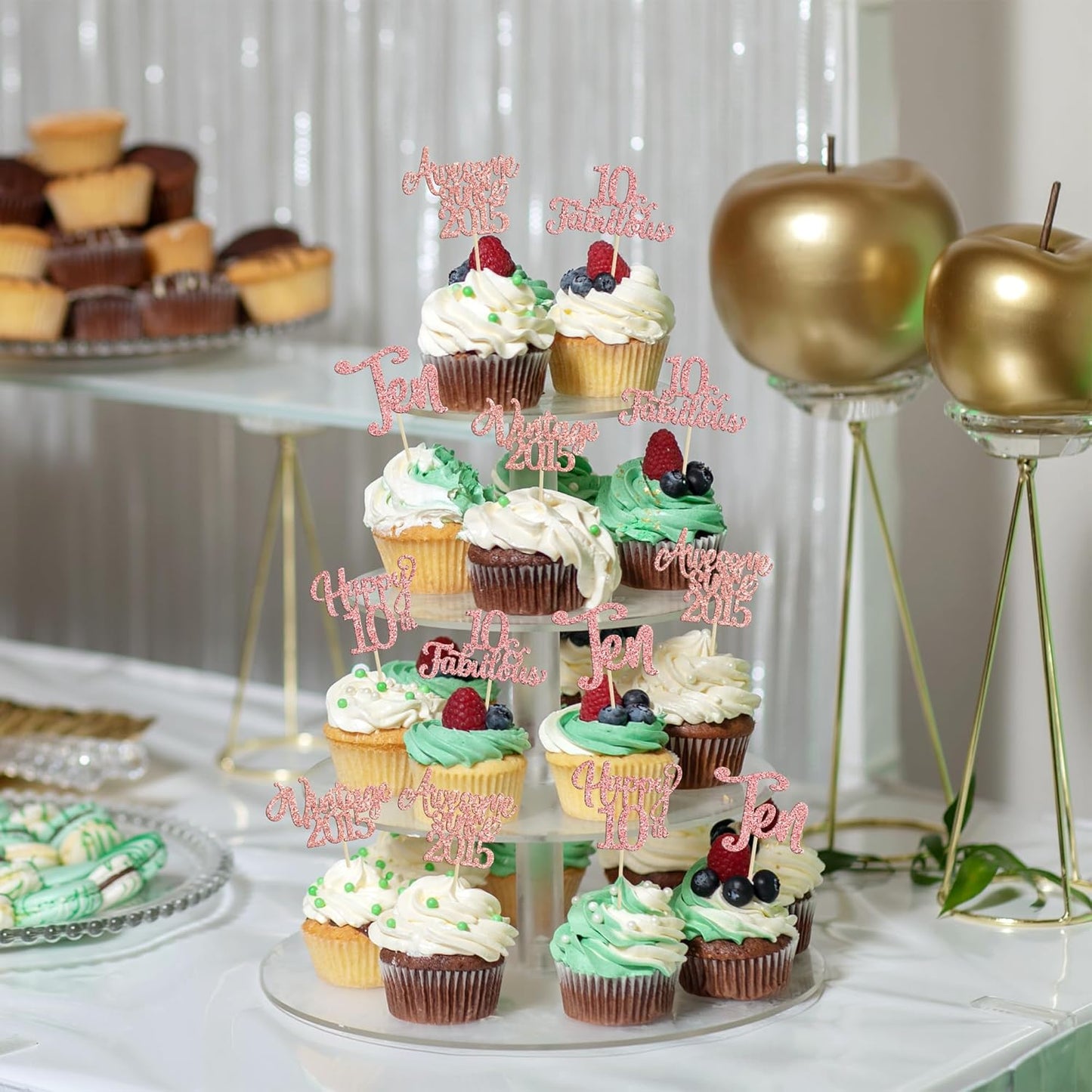 30Pcs Vintage 2015 Cupcake Toppers Glitter Ten 10 Fabulous Happy 10th Birthday Cupcake Picks Cheers to 10 Years for 10th Birthday Anniversary Party Cake Decorations Supplies Rose Gold