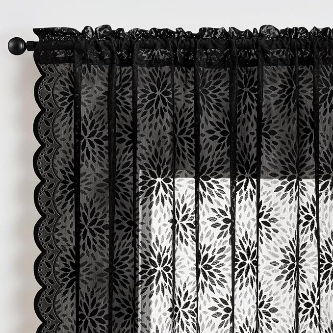 MIULEE Black Floral Lace Curtains 2 Panels, Gothic Vintage Rod Pocket Window - Image 6