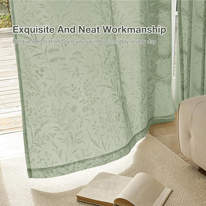 Anmao Sage Green Semi Sheer Light Filtering Curtains 63 Inches Long 2 Panels - Image 7