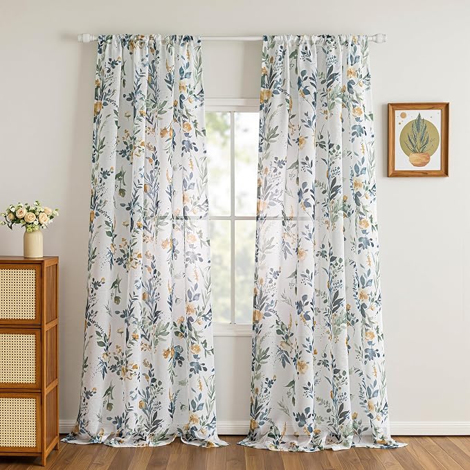 MYSKY HOME Yellow and Blue Sheer Floral Curtains 102 Inch Length 2 Panels | - Image 2