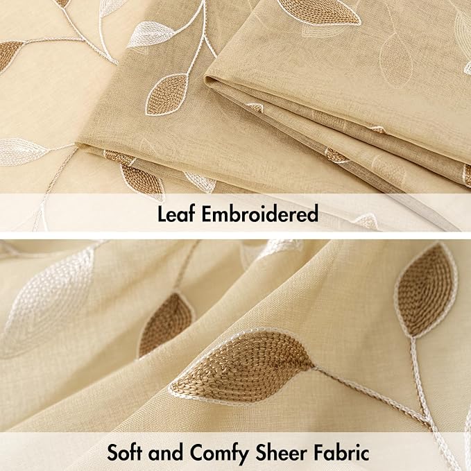 MIULEE Beige Sheer Curtains 2 Panels Embroidered Leaf Patterned, W30 x L24 | - Image 4