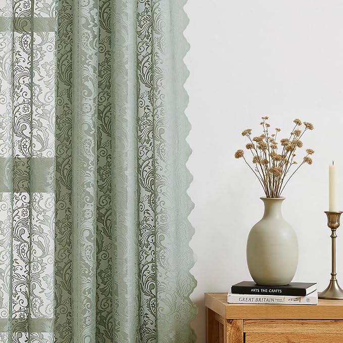 Bujasso Sage Green Lace Sheer Curtains 84 inch Length - Image 3