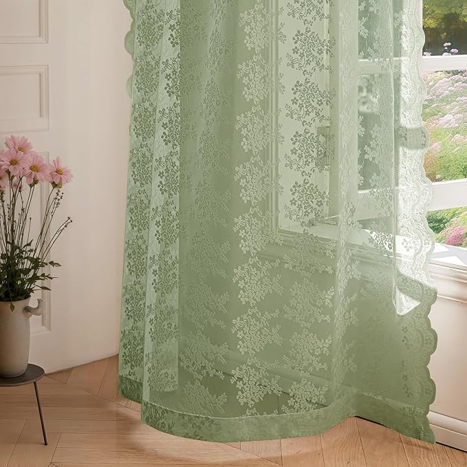 Anmao Vintage Sage Green Lace Curtains 54 Inches Long 2 Panels Sets, Romantic - Image 7