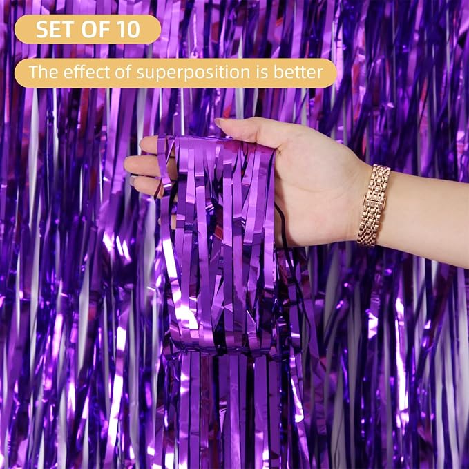 10 Pack Purple Foil Curtain Backdrop 3.2ft x 9.8ft Black Metallic Tinsel Foil - Image 2