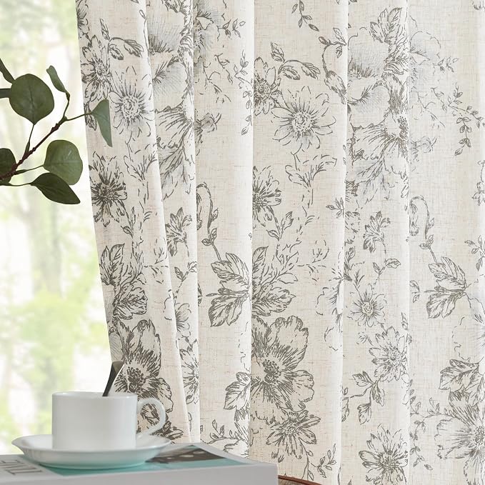 jinchan Grey Floral Linen Curtains 45 Inch Vintage Back Tab 2 Panels | Light by JINCHAN
