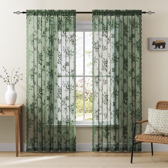 Dark Green Lace Curtains 96 Inches Long 2 Panels Sheer Floral Curtains by SEEKRIGHTHomeDecor