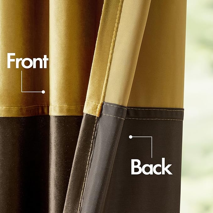 Brown Gold Velvet Blackout Curtains Luxury Decor 90 inches, Color Block | - Image 4