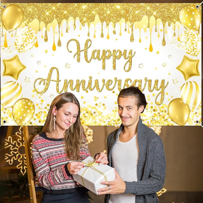 Mocsicka Happy Anniversary Banner White Gold Happy Anniversary Party - Image 7