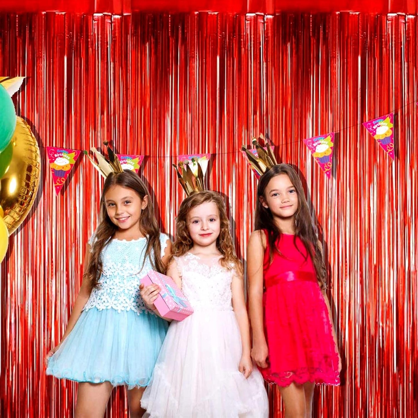 4 Pack Red Foil Fringe Curtain Backdrop, 3.28Ft x 8.2Ft Metallic Tinsel Foil Fringe Streamer for Party, Photo Booth Props, Birthday, 2022 Mother's Day Decoration Party Supplies