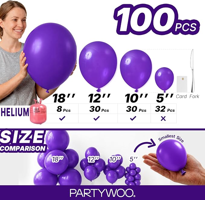 PartyWoo Dark Purple Balloons 100pcs Royal Purple Color Different Sizes | 18 12 - Image 7