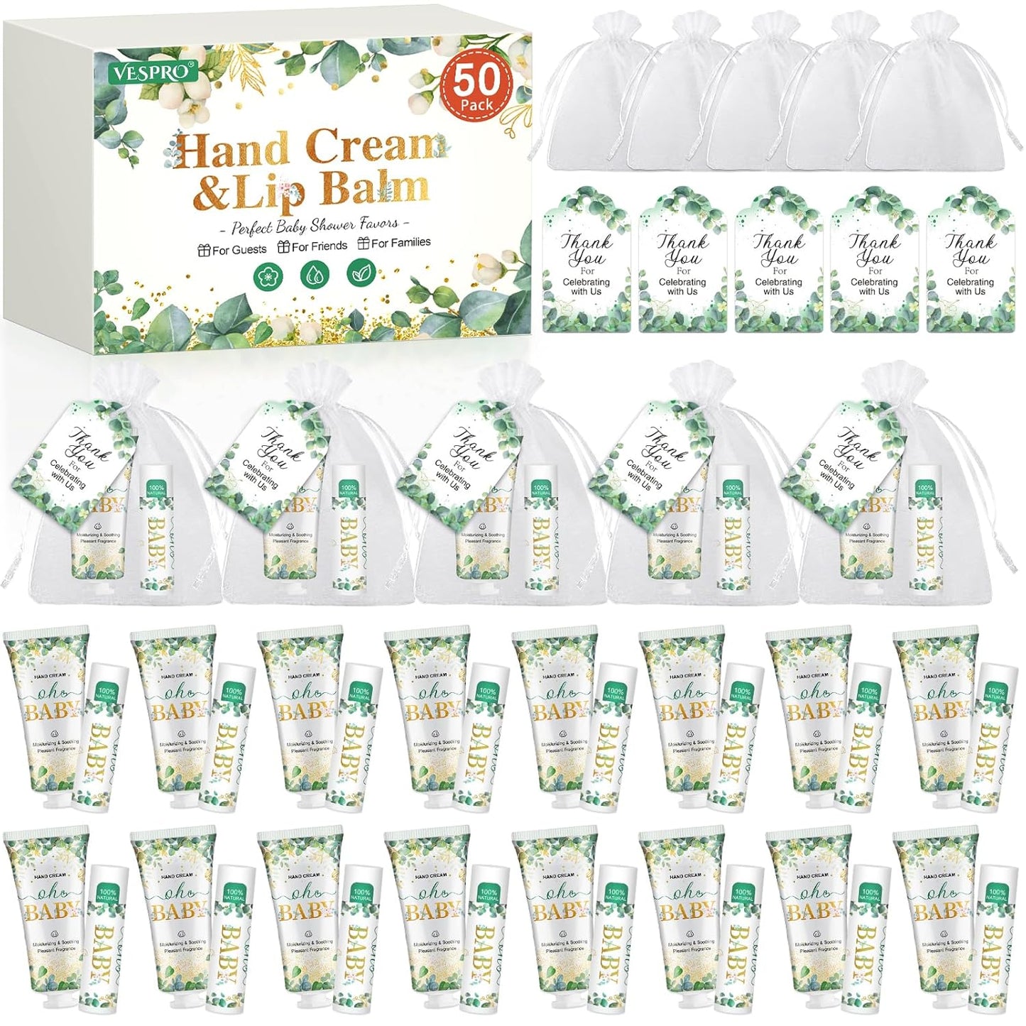 VESPRO 50 Pack Hand Cream Bulk and Lip Balm Bulk Gifts Sets, Baby Shower Favors and Bridal Shower Favors for Guests with Thank You Card and Organza Gift Bags, Thank You Gifts for Women (Oh Baby)