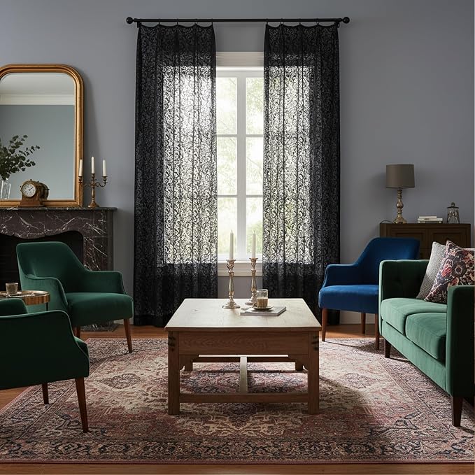 Bujasso Black Lace Pinch Pleat Curtains 96 inch, Gothic Vintage Floral Sheer - Image 7