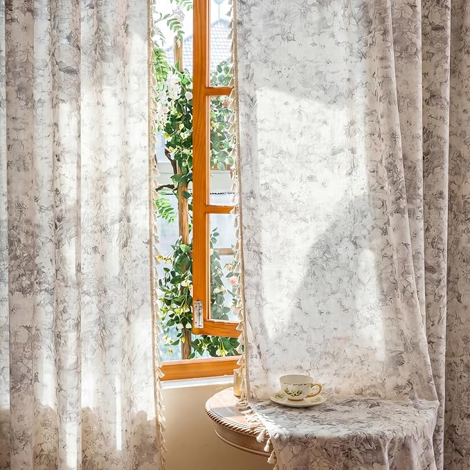 Floral Semi Sheer Rod Pocket 96 Inch Curtains 2 Panel Set - Image 5