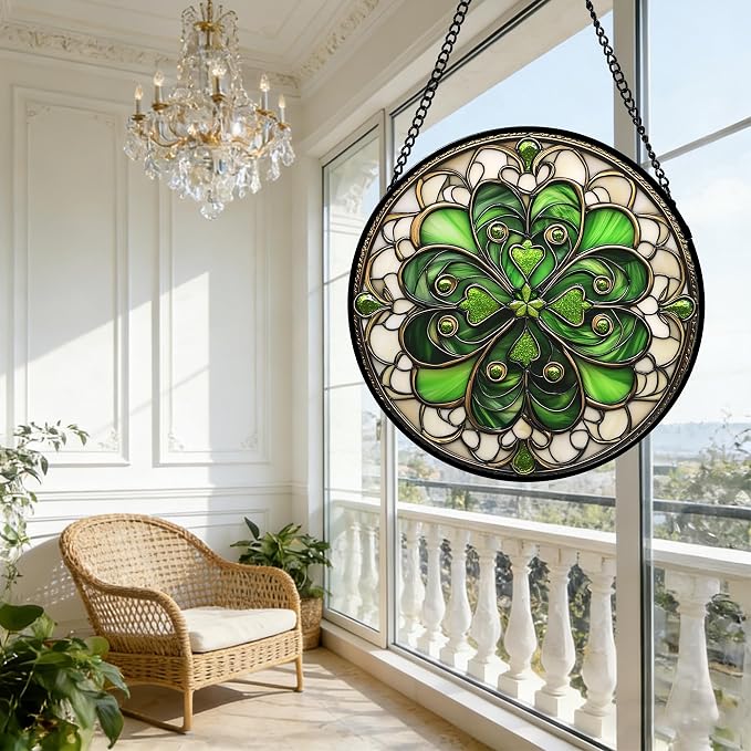 DASTOLL Stained Glass Window Hanging St. Ripak Festival Green Lucky Clover 7.8" - Image 7