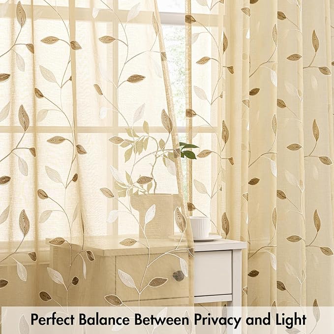 MIULEE Beige Sheer Curtains 2 Panels Embroidered Leaf Patterned, W52 x L54 | - Image 5