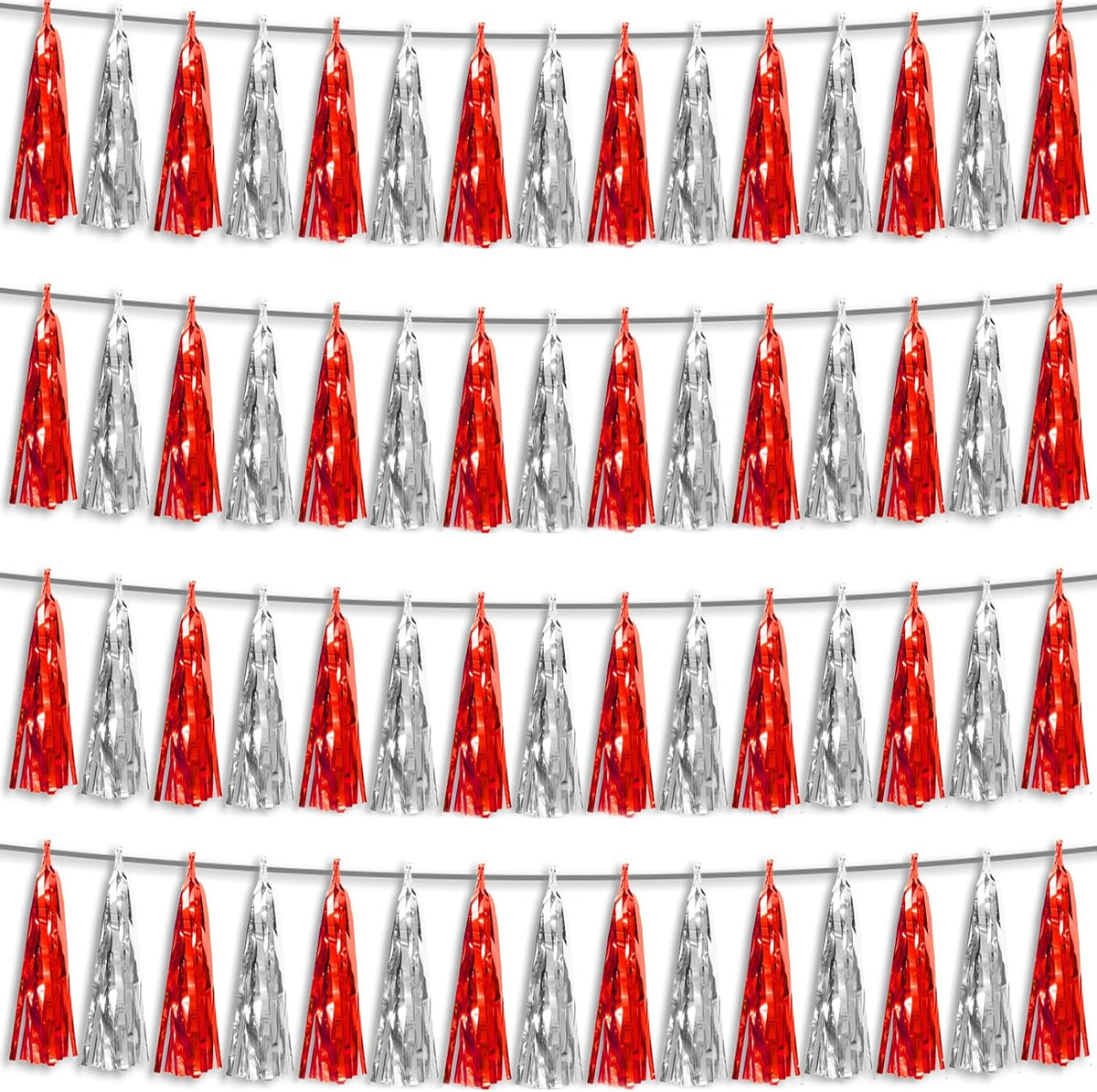 4P Red Silver Foil Fringe Metallic Tassel Streamers Banner Tassel Garland for Parade Floats, Graduation, Wedding, Birthday, Halloween, Christmas, Bridal/Baby Shower Party Decorations