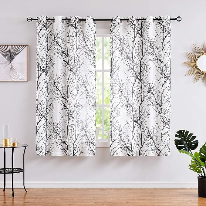 FMFUNCTEX Linen Black White Semi Sheer Print Curtains 45 Inch Long 2 Panels | by Fmfunctex