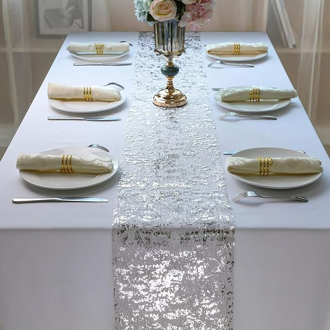 Snowkingdom Silver Table Runner, Sequin Glitter Foil Metallic Runner 11 Inch x - Image 4