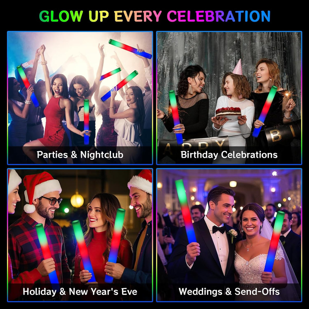 AOWDIAO 24 Pcs 16″ Foam LED Glow Sticks, 3 Light Up Modes, Party Favors for Wedding, Festival & More