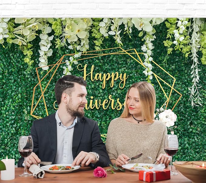 Happy Anniversary Banner Backdrop Decorations 7x5Ft | Green Leaves Wall Wedding - Image 4